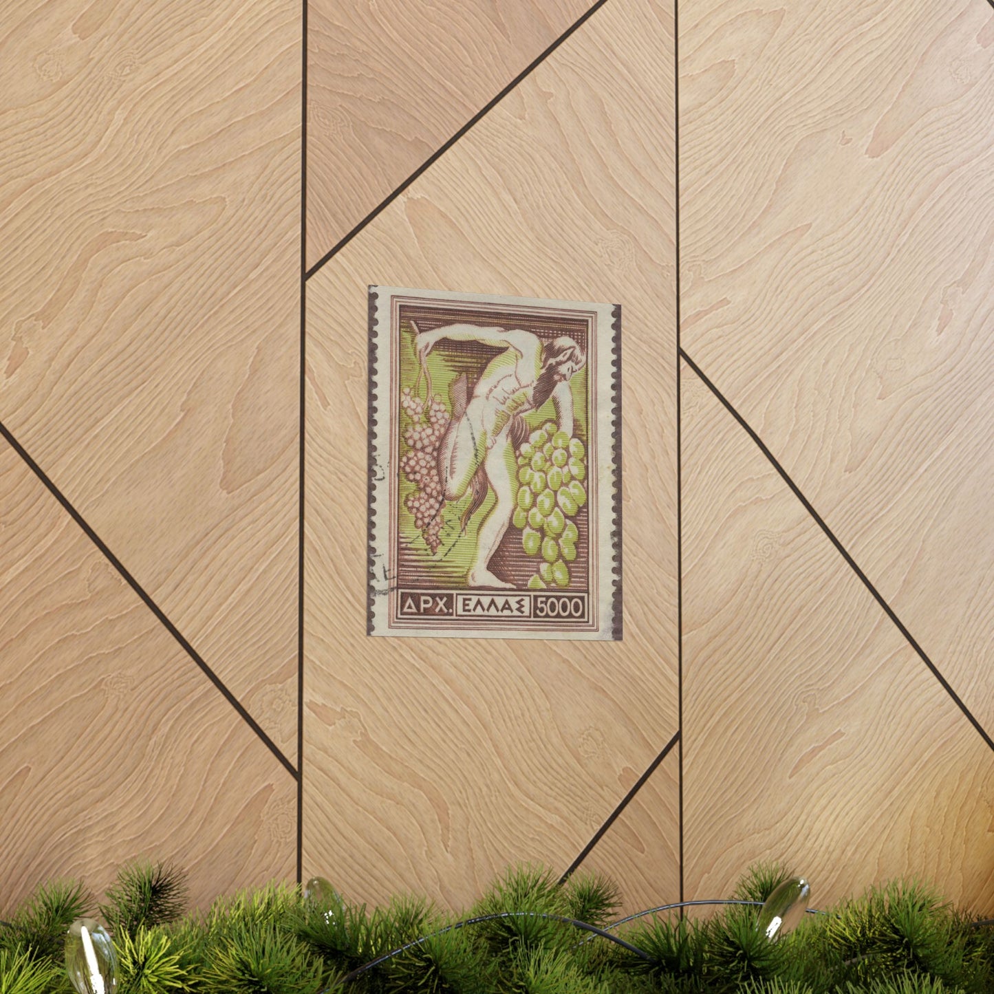 Frimärke ur Gösta Bodmans filatelistiska motivsamling, påbörjad 1950.Frimärke från Grekland, 1953. Motiv av Bacchus med vindruvsklasar. High Quality Matte Wall Art Poster for Home, Office, Classroom