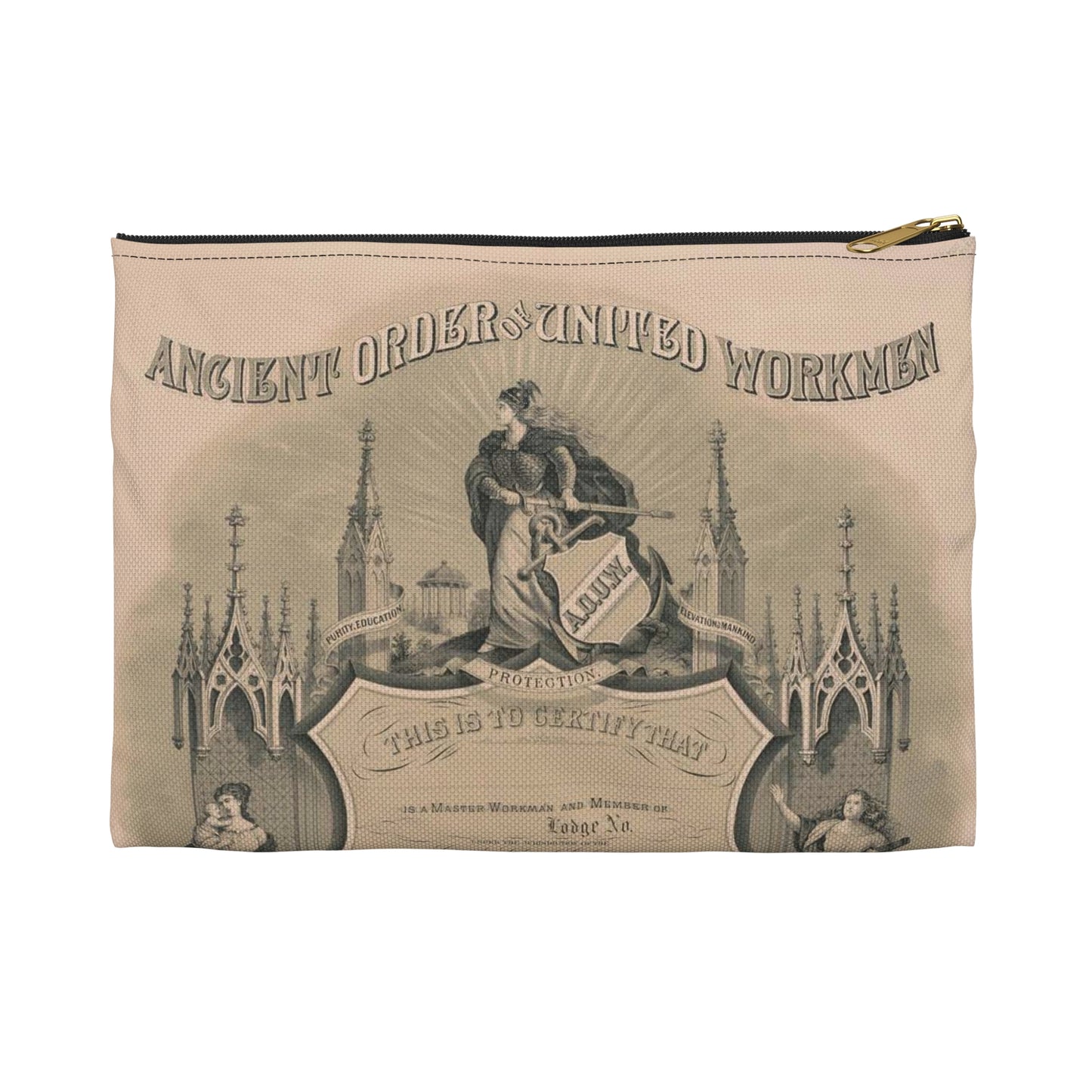 Ancient order of United Workmen, purity, education, elevation of mankind Large Organizer Pouch with Black Zipper