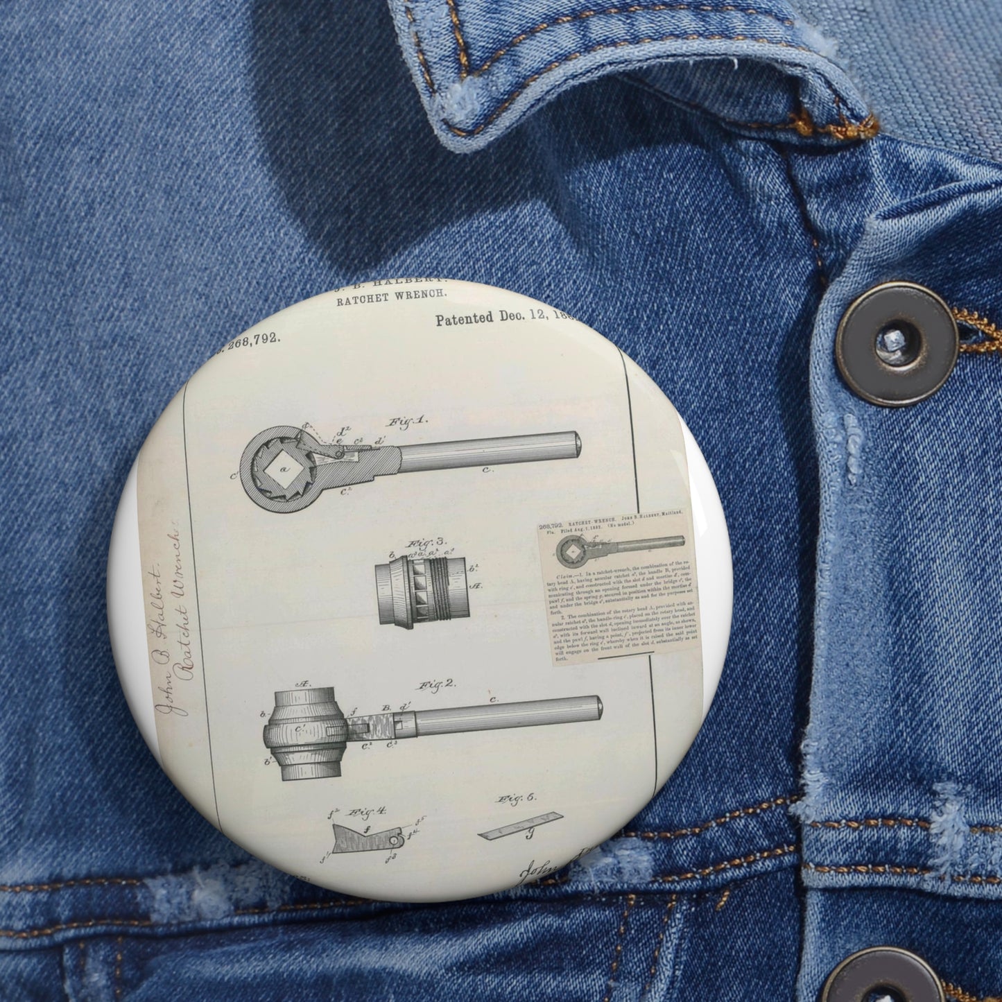 Patent Drawing of Engine - for J. B. Halbert's Ratchet Wrench Public domain  image Pin Buttons with Crisp Design