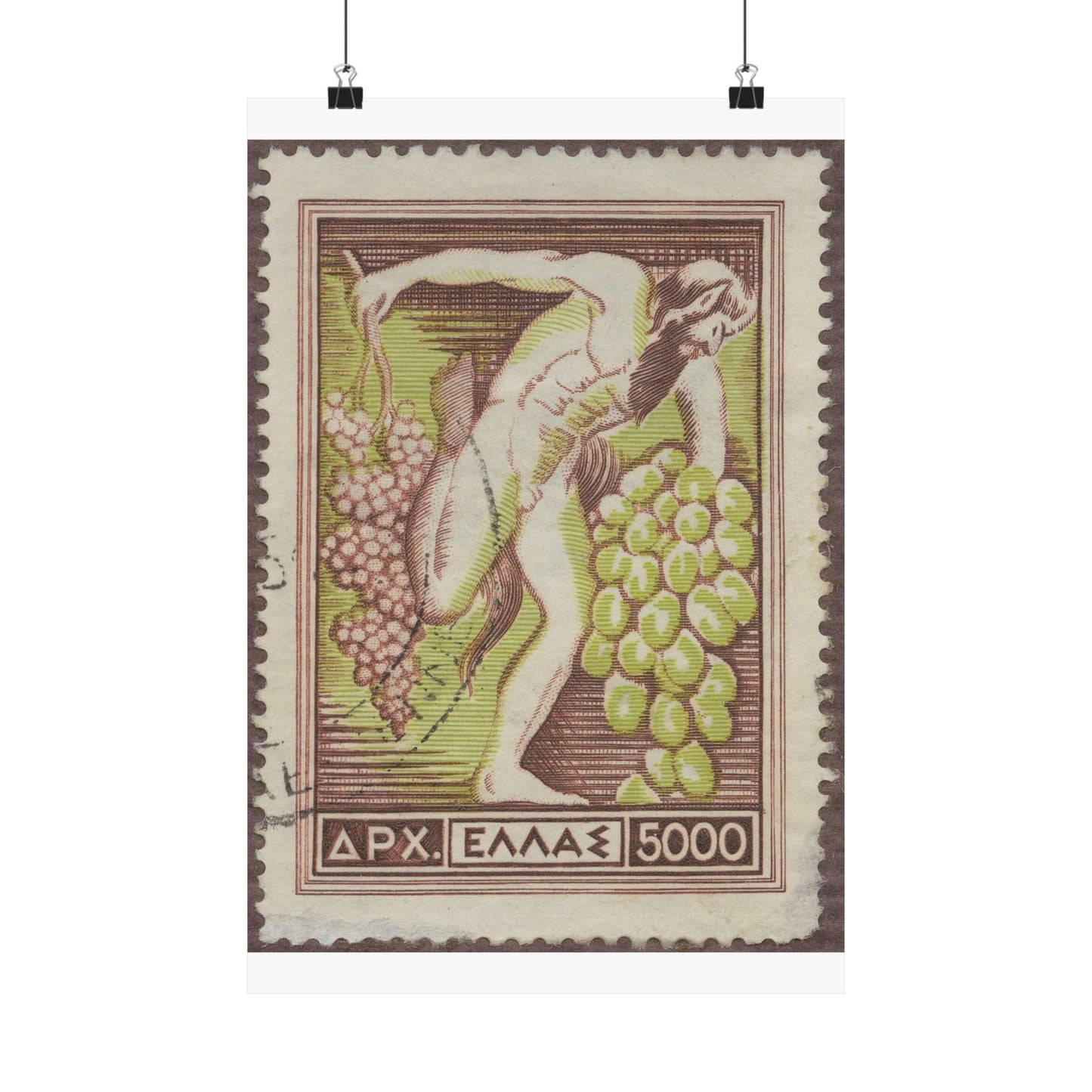 Frimärke ur Gösta Bodmans filatelistiska motivsamling, påbörjad 1950.Frimärke från Grekland, 1953. Motiv av Bacchus med vindruvsklasar. High Quality Matte Wall Art Poster for Home, Office, Classroom