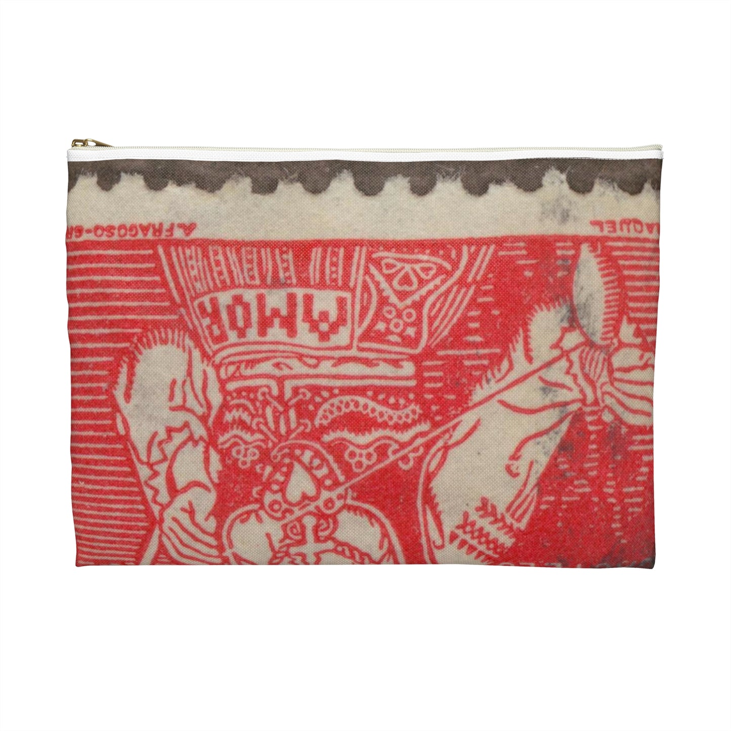 Frimärke ur Gösta Bodmans filatelistiska motivsamling, påbörjad 1950.Frimärke frånPortugal, 1941. Motiv av garnspinnande med slända. "Kvinna från Viana do Castelo". Large Organizer Pouch with Black Zipper