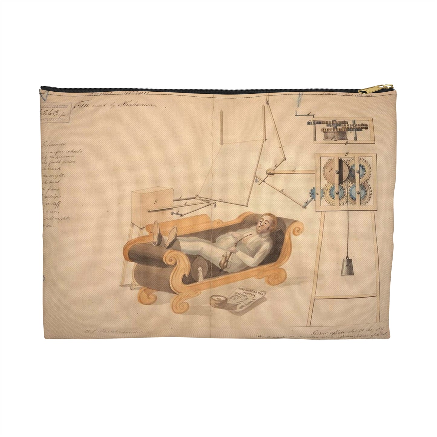 Patent drawing - Drawing of Fan Moved by Mechanism Public domain  image Large Organizer Pouch with Black Zipper