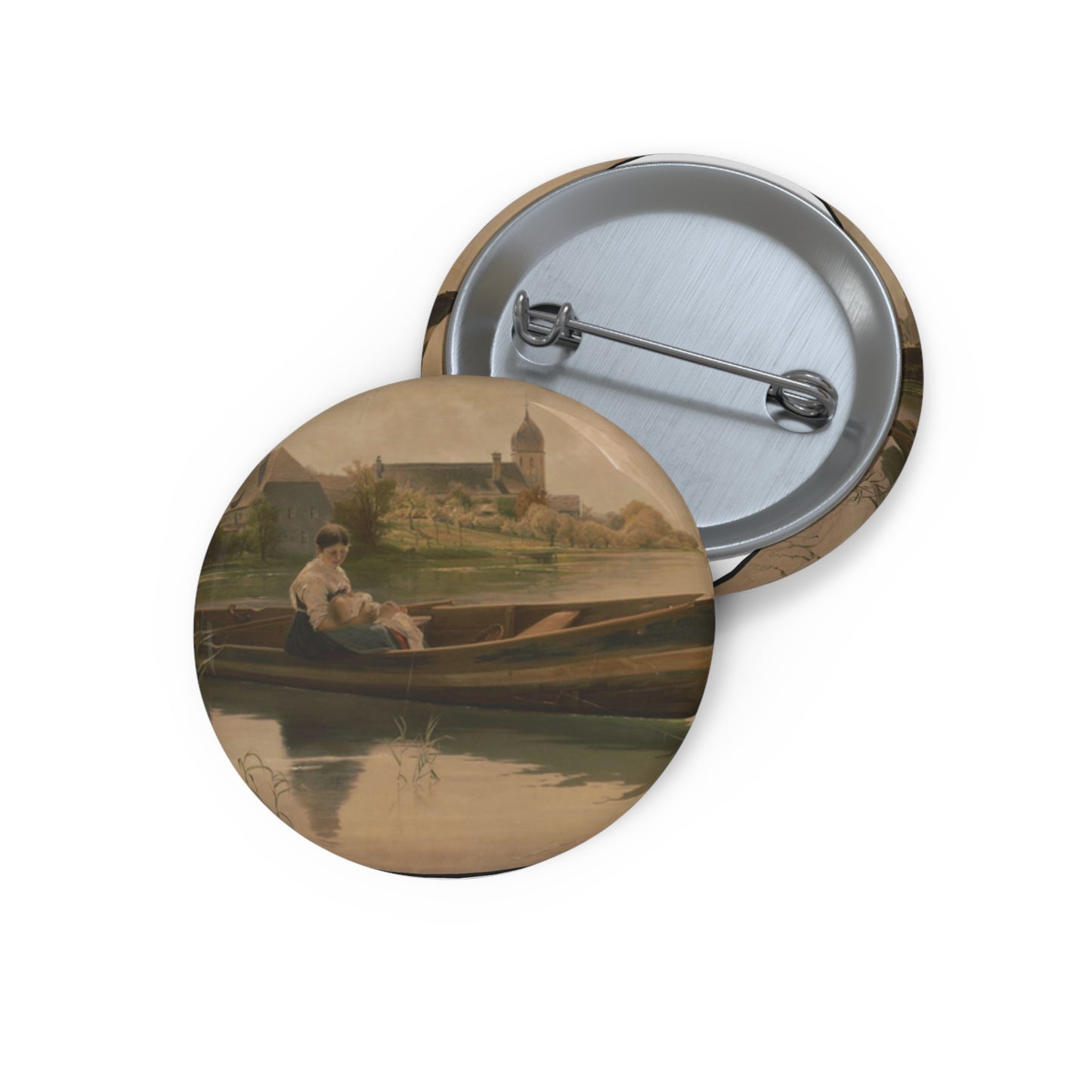 Woman holding infant in rowboat Pin Buttons with Crisp Design