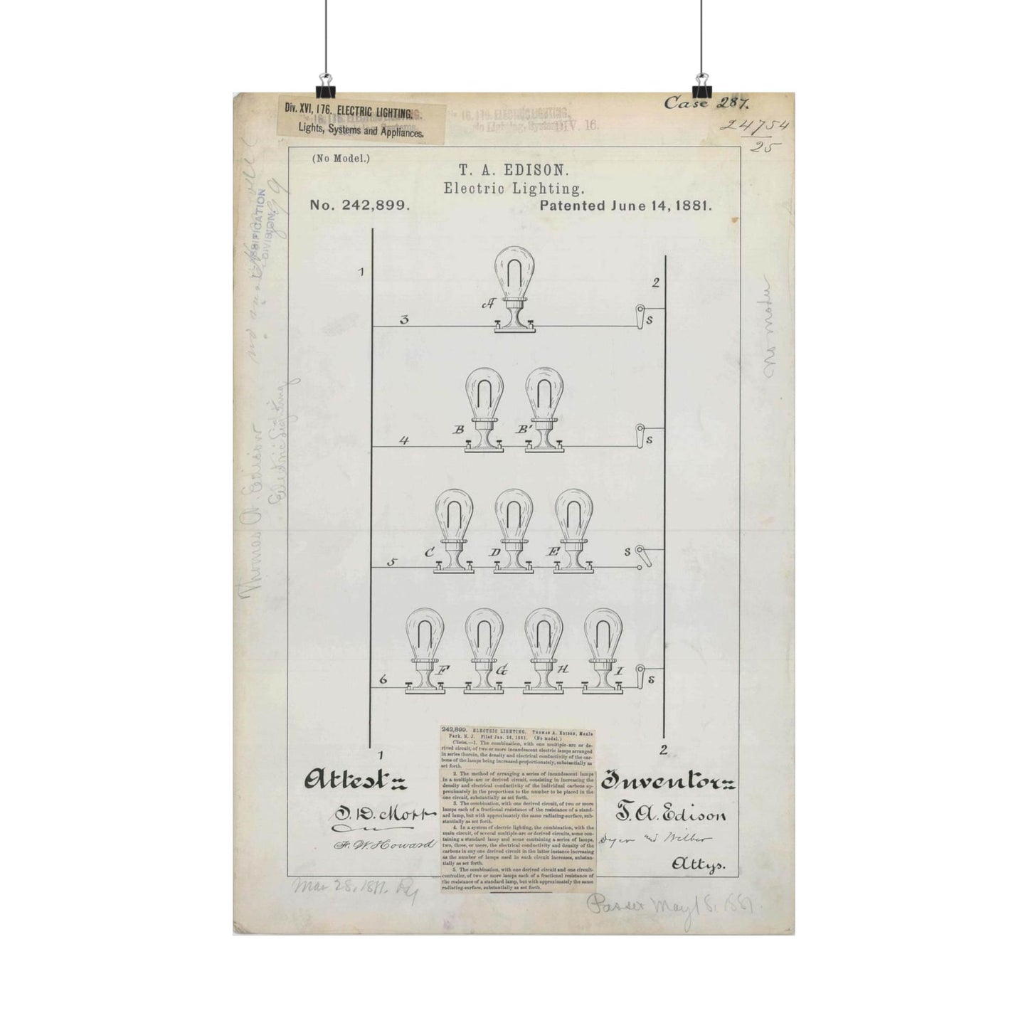 Patent drawing - for T. A. Edison's Electric Lighting Public domain  image High Quality Matte Wall Art Poster for Home, Office, Classroom