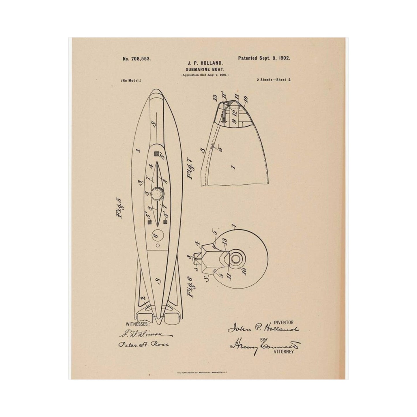 Patent drawing - Drawing for a Submarine Boat Public domain  image High Quality Matte Wall Art Poster for Home, Office, Classroom