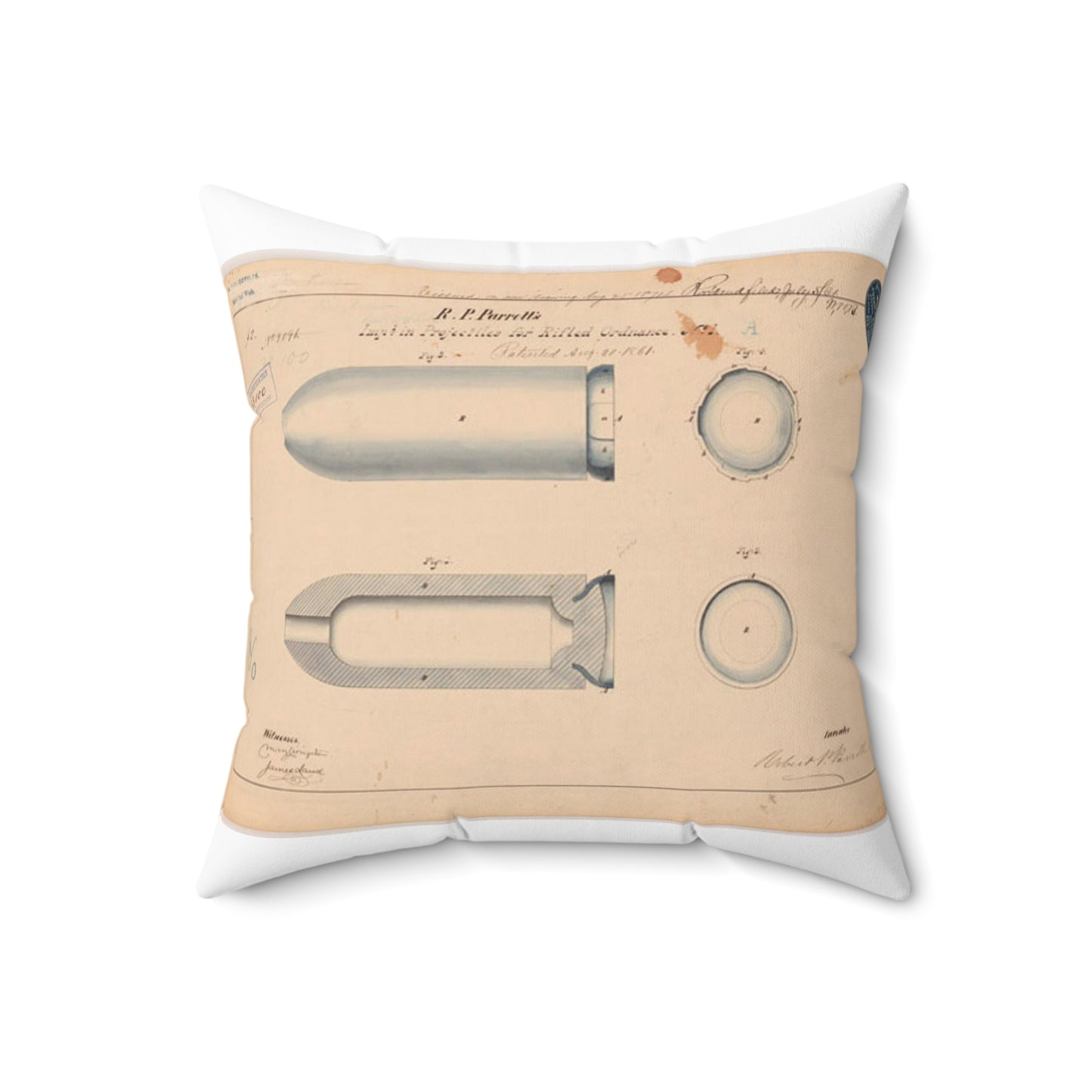 Patent drawing - Drawing of Improvement in Projectiles for Rifled Ordnance Public domain  image Decorative Accent Square Pillow