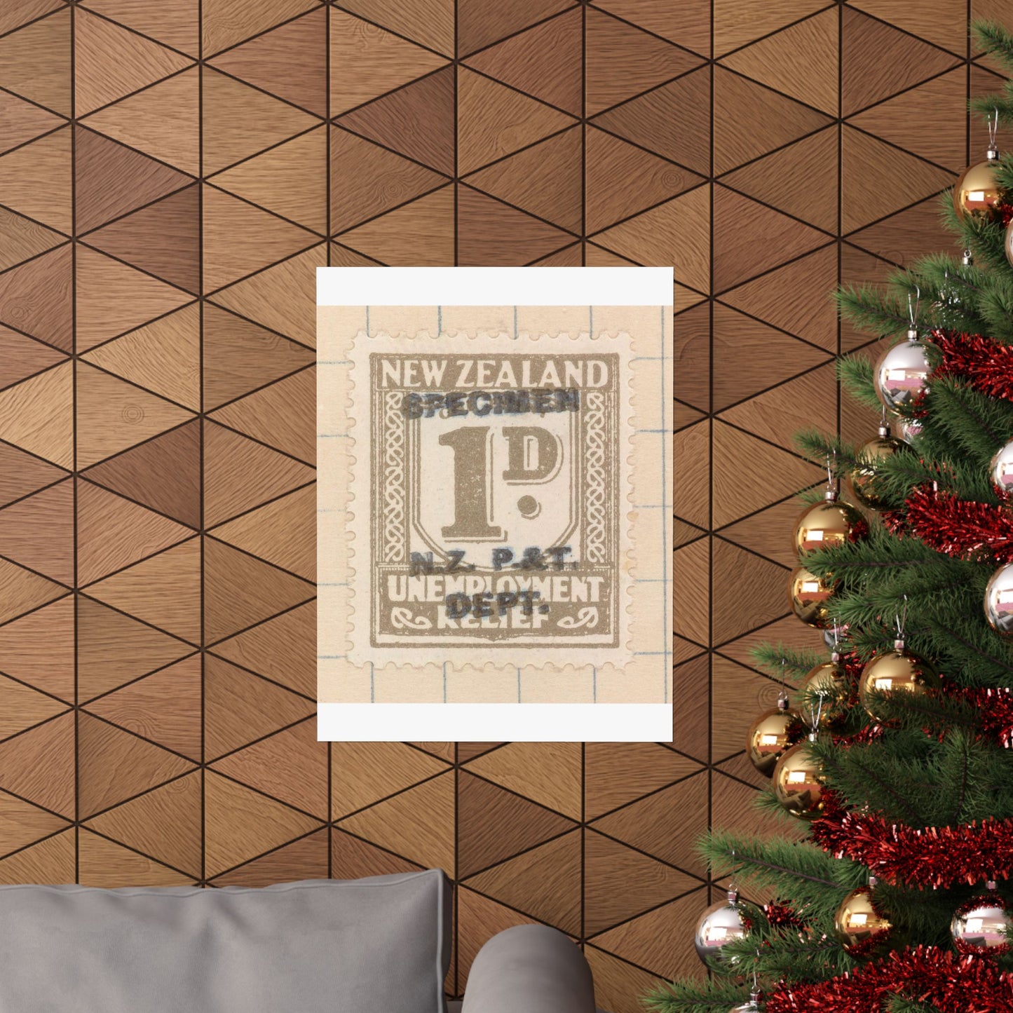 One penny Unemployment Relief stamp overprinted 'Specimen' High Quality Matte Wall Art Poster for Home, Office, Classroom