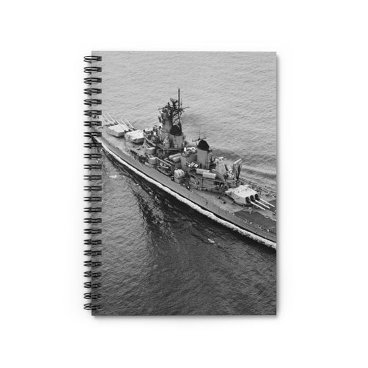 An elevated port quarter view of the battleship USS IOWA (BB 61) underway during sea trials Spiral Bound Ruled Notebook with Printed Cover