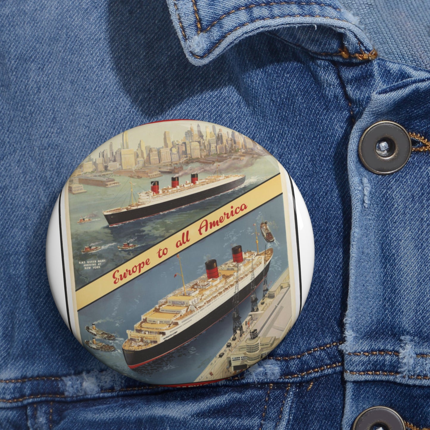 Cunard Line. Vintage Travel Posters, 1920s-1930s Pin Buttons with Crisp Design