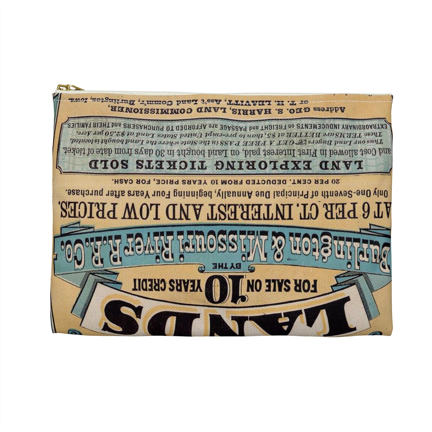 Millions of acres. Iowa and Nebraska. Land for sale on 10 years credit by the Burlington & Missouri River R. R. Co. at 6 per ct interest and low prices ... Buffalo. N. Y. Commercial advertiser printing house [1872]. Large Organizer Pouch with Black Zipper