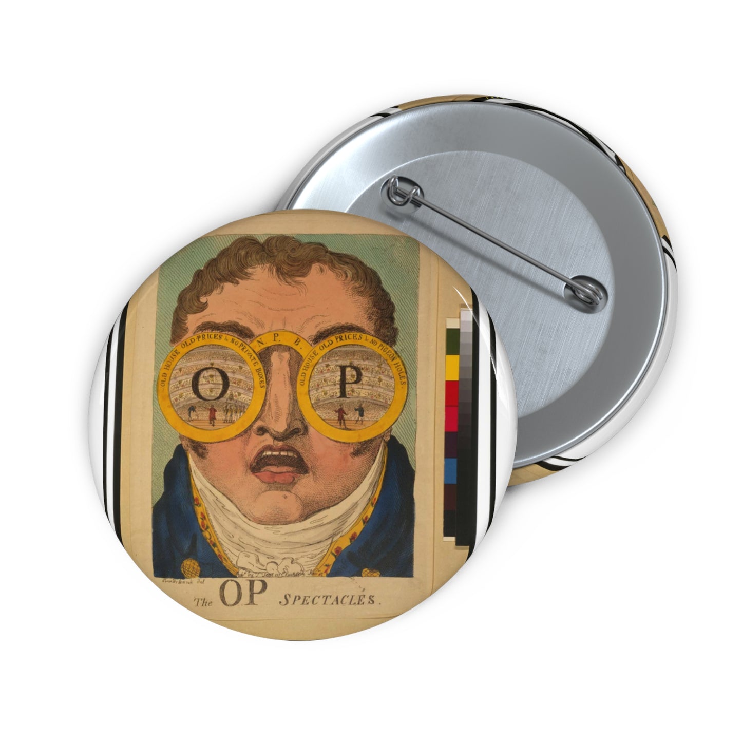 The OP spectacles / Cruikshank del., British Cartoon Print Pin Buttons with Crisp Design