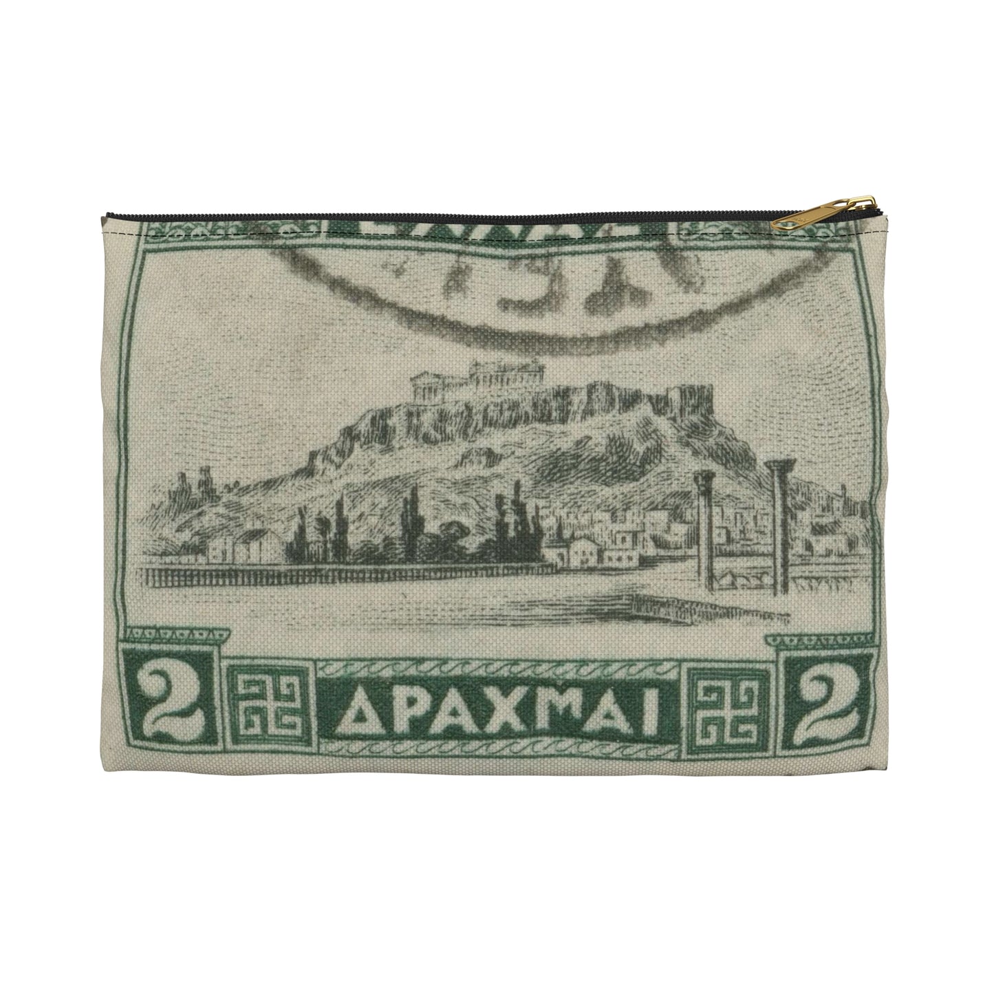 Frimärke ur Gösta Bodmans filatelistiska motivsamling, påbörjad 1950.Frimärke från Grekland, 1927. Motiv av Akropolis. Large Organizer Pouch with Black Zipper