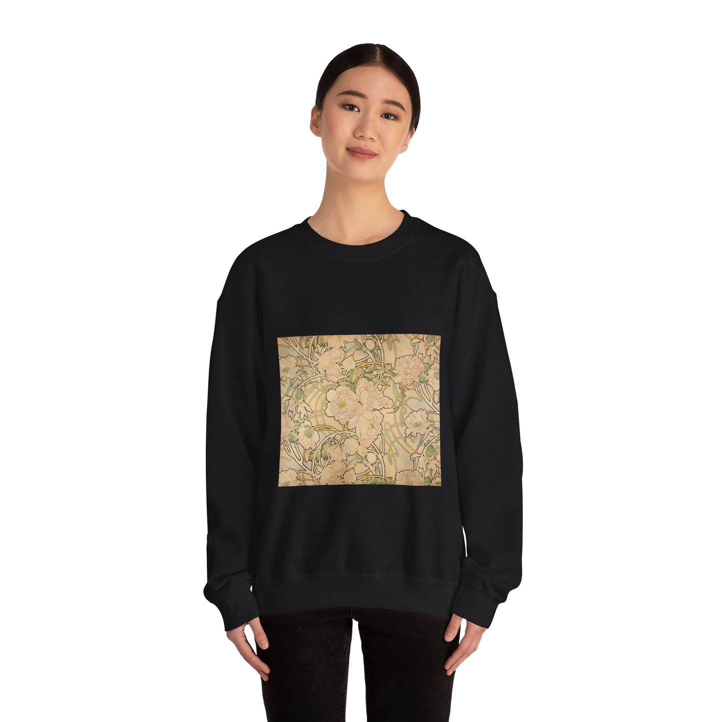 Alphonse Mucha - Peonies - Google Art Project Black Heavy Blend Adult Crew Neck SweatShirt