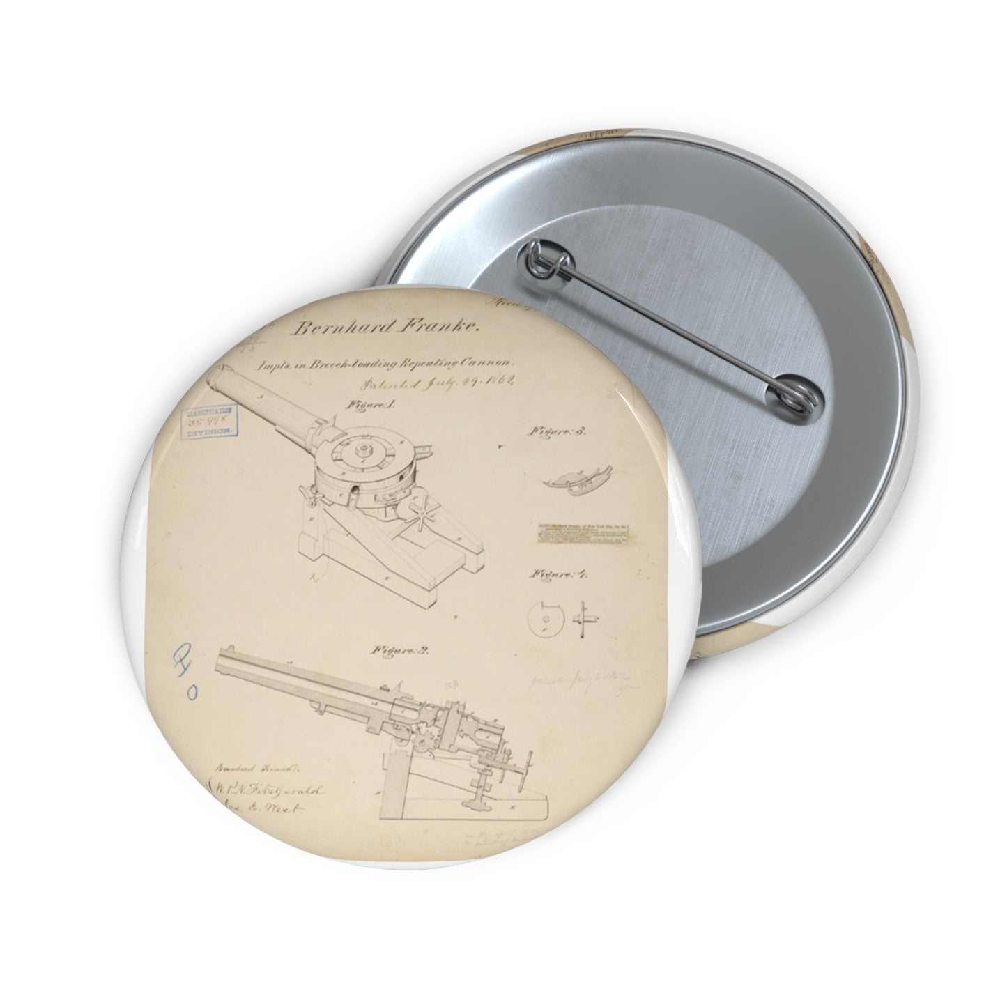 Patent drawing - Drawing of Improvements in Breech-Loading Repeating Cannon Public domain  image Pin Buttons with Crisp Design