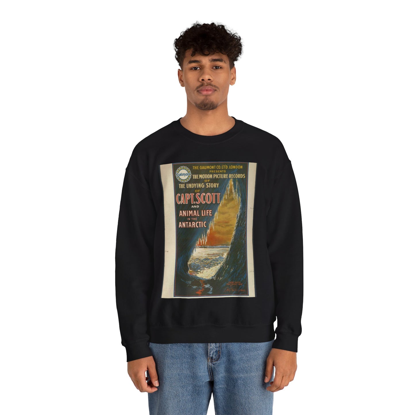 The Gaumont Co. L'T'D. London presents the motion picture records of the undying story of Capt. Scott and animal life in the Antarctic / The Morgan Lith. Co., Cleveland, O. Black Heavy Blend Adult Crew Neck SweatShirt