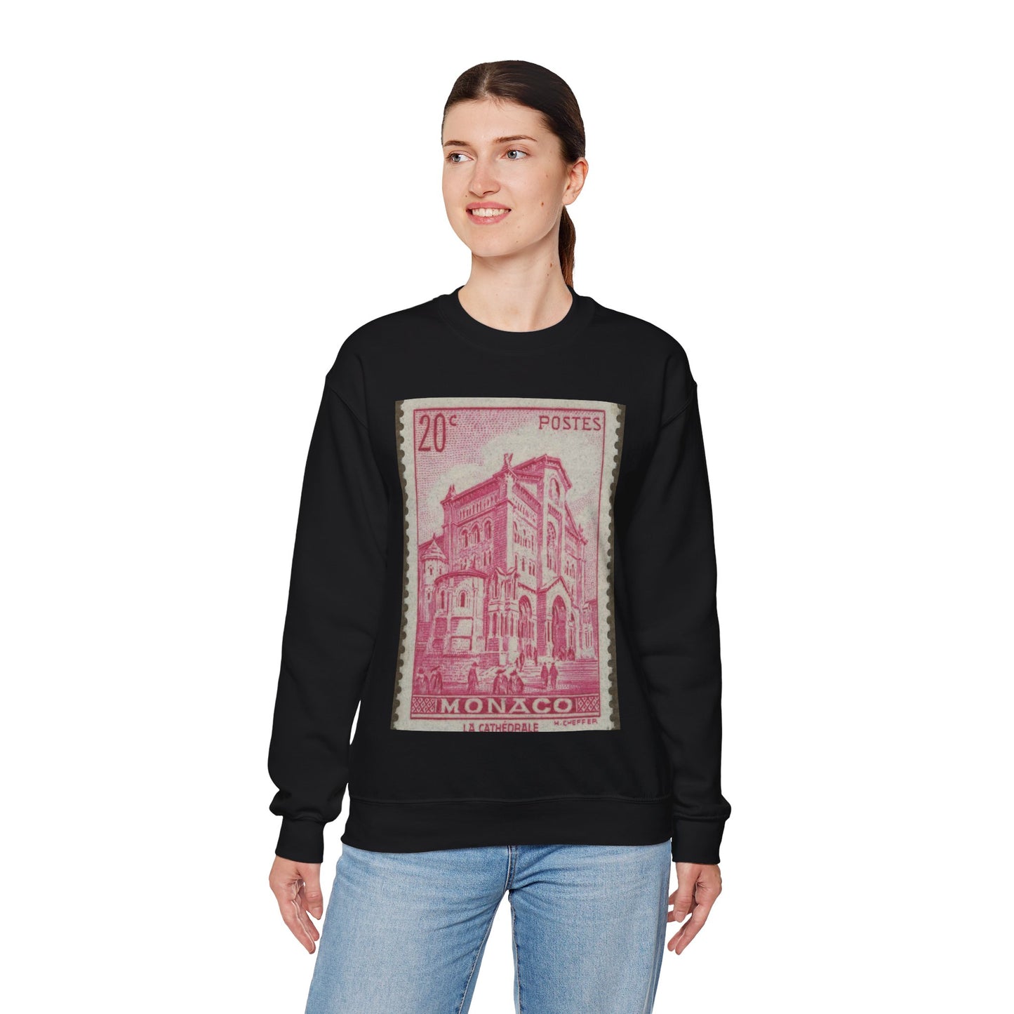 Frimärke ur Gösta Bodmans filatelistiska motivsamling, påbörjad 1950.Frimärke från Monaco, 1939. Motiv av katedralen i Monaco. Black Heavy Blend Adult Crew Neck SweatShirt