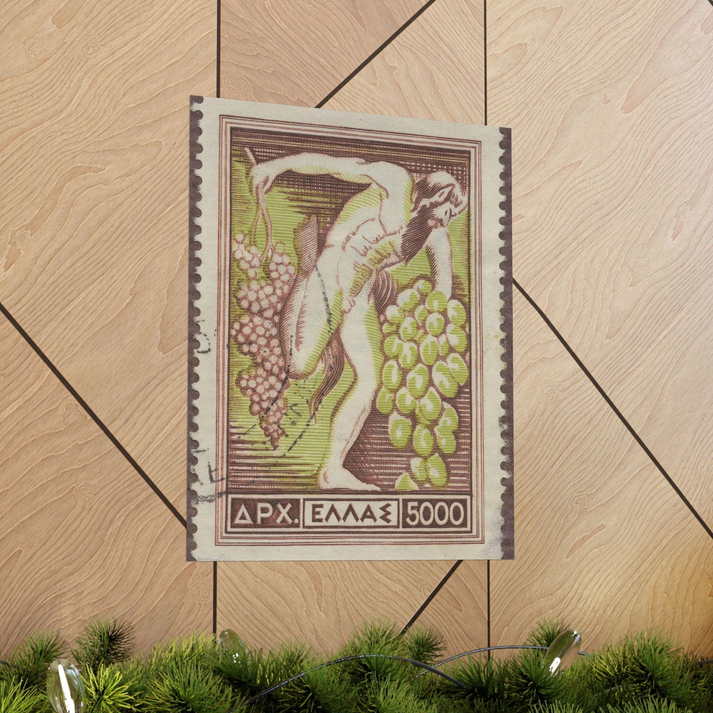 Frimärke ur Gösta Bodmans filatelistiska motivsamling, påbörjad 1950.Frimärke från Grekland, 1953. Motiv av Bacchus med vindruvsklasar. High Quality Matte Wall Art Poster for Home, Office, Classroom