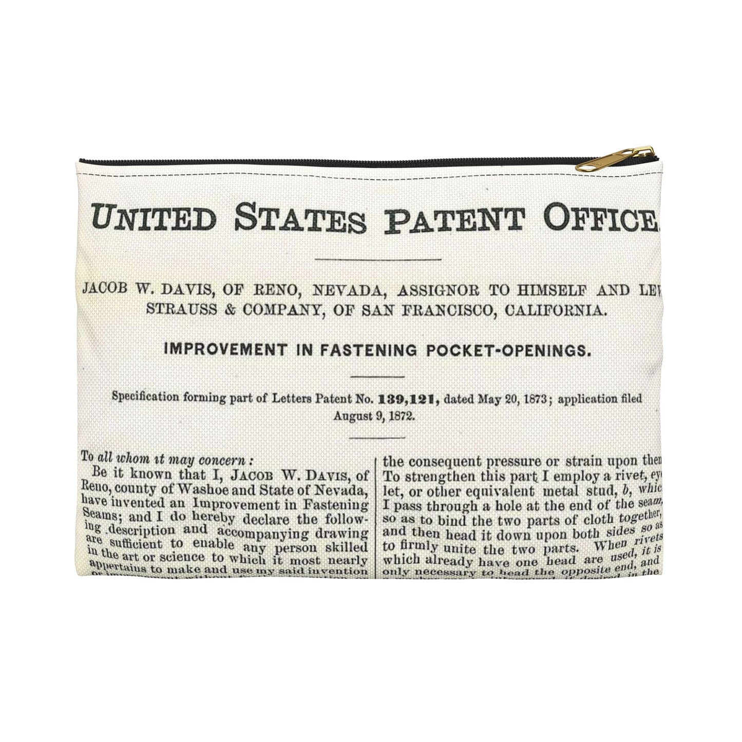 Patent Case File No. 139,121, Improvement in Fastening Pocket Openings, Inventor- Jacob W. Davis - DPLA - afb017b06366ded5b3d9735cb413b735 (page 29) Large Organizer Pouch with Black Zipper