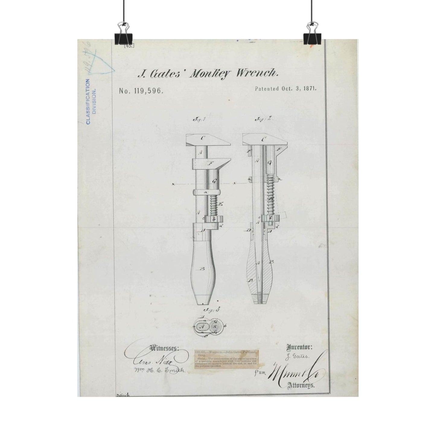 Patent Drawing of Engine - for J. Gates' Monkey Wrench Public domain  image High Quality Matte Wall Art Poster for Home, Office, Classroom