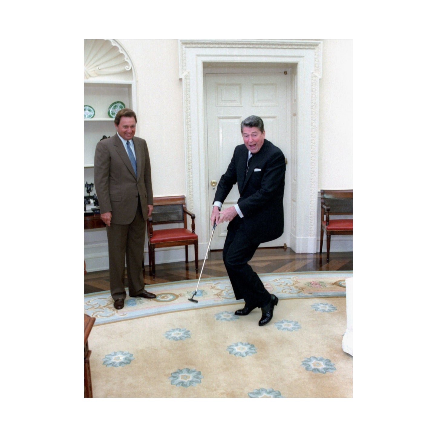 President Ronald Reagan Putting a Golf Ball with Raymond Floyd Looking on in the Oval Office High Quality Matte Wall Art Poster for Home, Office, Classroom