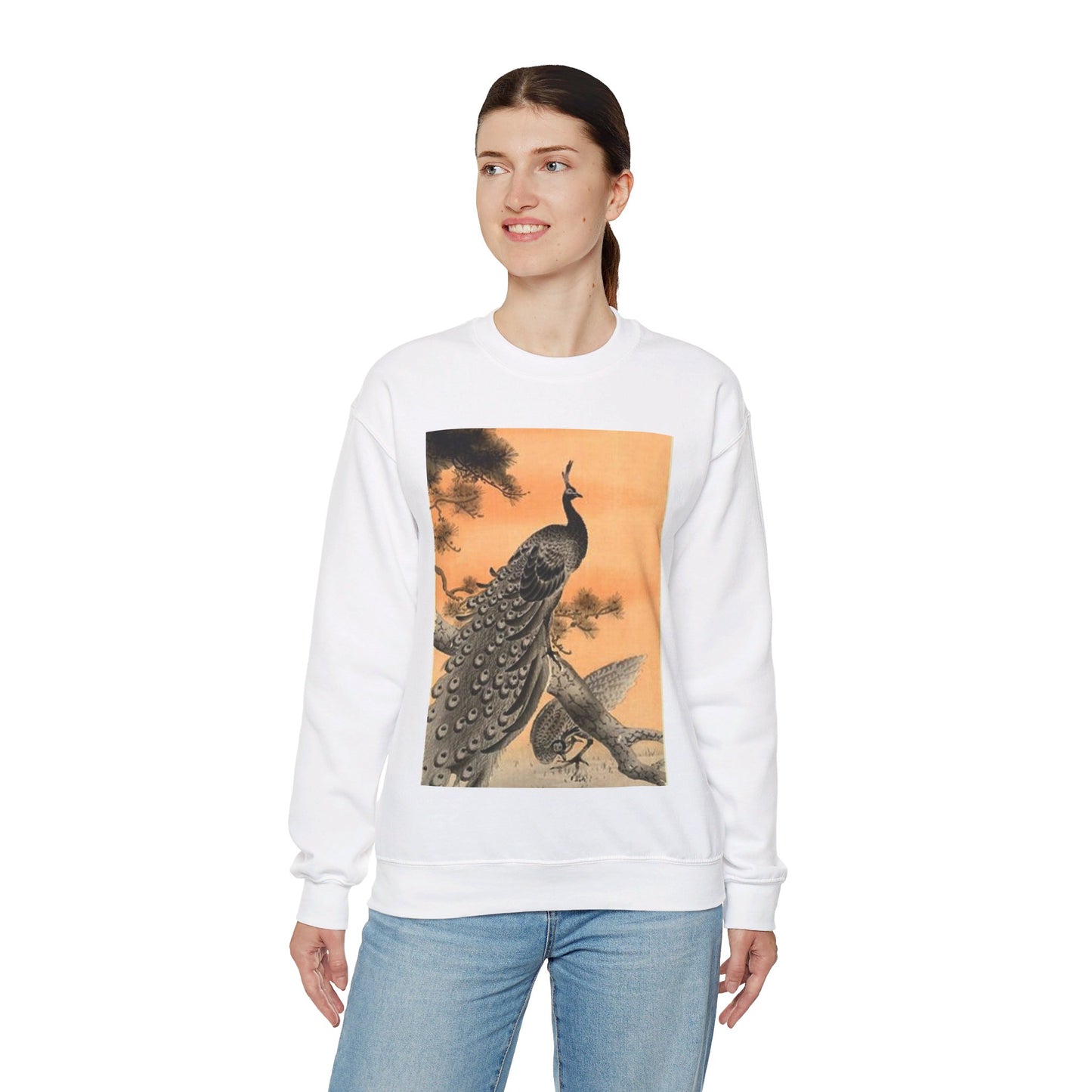 Koson - peacock-and-hen, Ohara Koson White Heavy Blend Adult Crew Neck SweatShirt