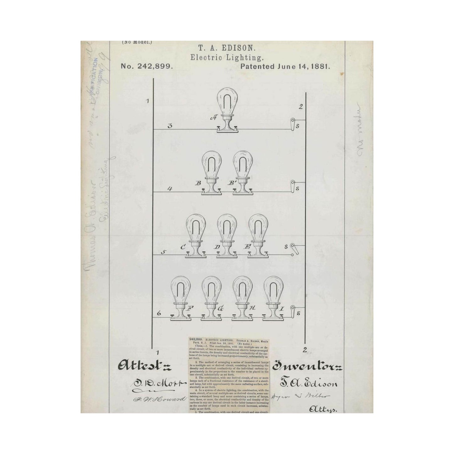 Patent drawing - for T. A. Edison's Electric Lighting Public domain  image High Quality Matte Wall Art Poster for Home, Office, Classroom