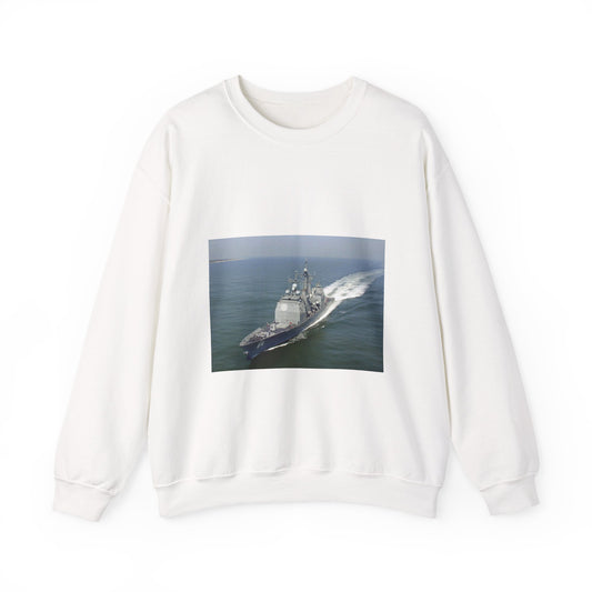 Aerial port bow view of the guided missile cruiser USS GETTYSBURG (CG 64) underway off Fort Story, Virginia White Heavy Blend Adult Crew Neck SweatShirt