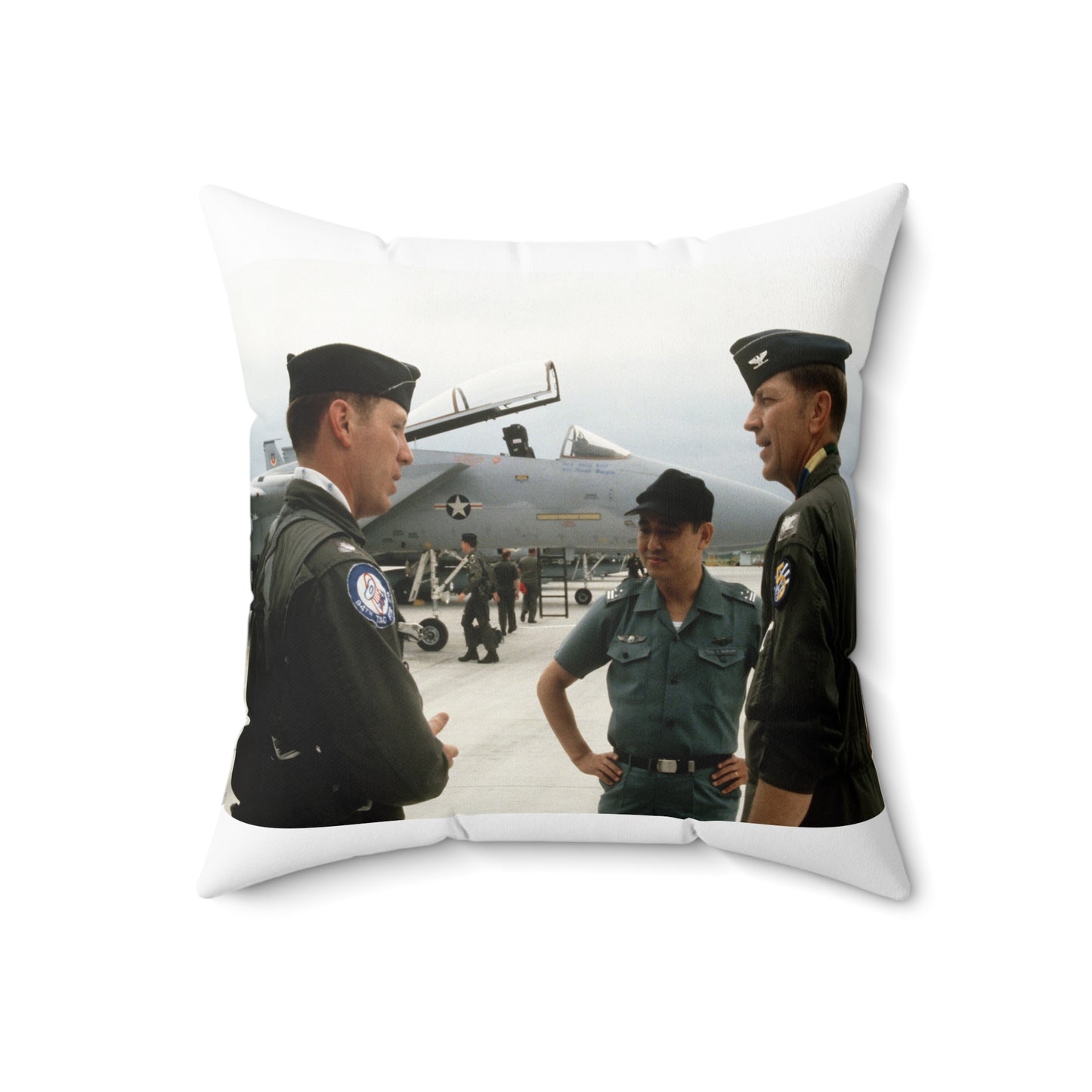 Upon his arrival, LTC Tom Barber (left), is greeted by Exercise Cope North '81-3 directors, COL George Peacock and Japanese Air SelF Defense Force COL V. Nomura Decorative Accent Square Pillow