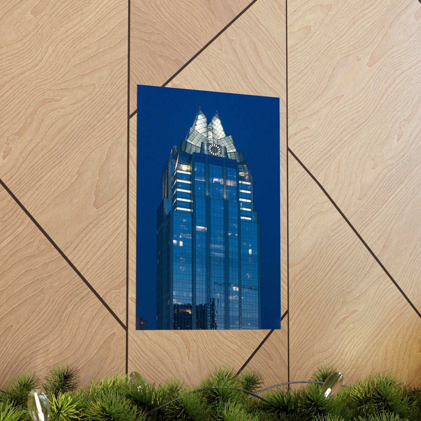 The upper reaches of Frost Bank Tower, a prominent Austin, Texas, skyscraper High Quality Matte Wall Art Poster for Home, Office, Classroom