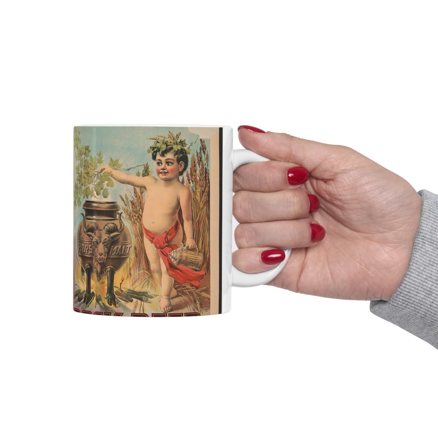 Bock beer boy standing to the right of a vat, which is inscribed hops malt, holding hops over the vat Beautiful Novelty Ceramic Coffee Mug 11oz