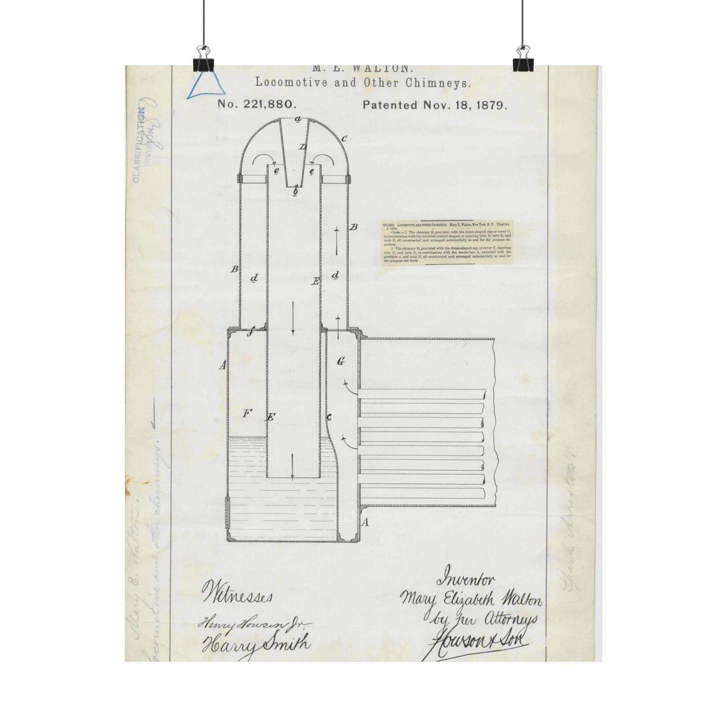 Patent Drawing of Engine - for M. E. Walton's Locomotive and Other Chimneys Public domain  image High Quality Matte Wall Art Poster for Home, Office, Classroom