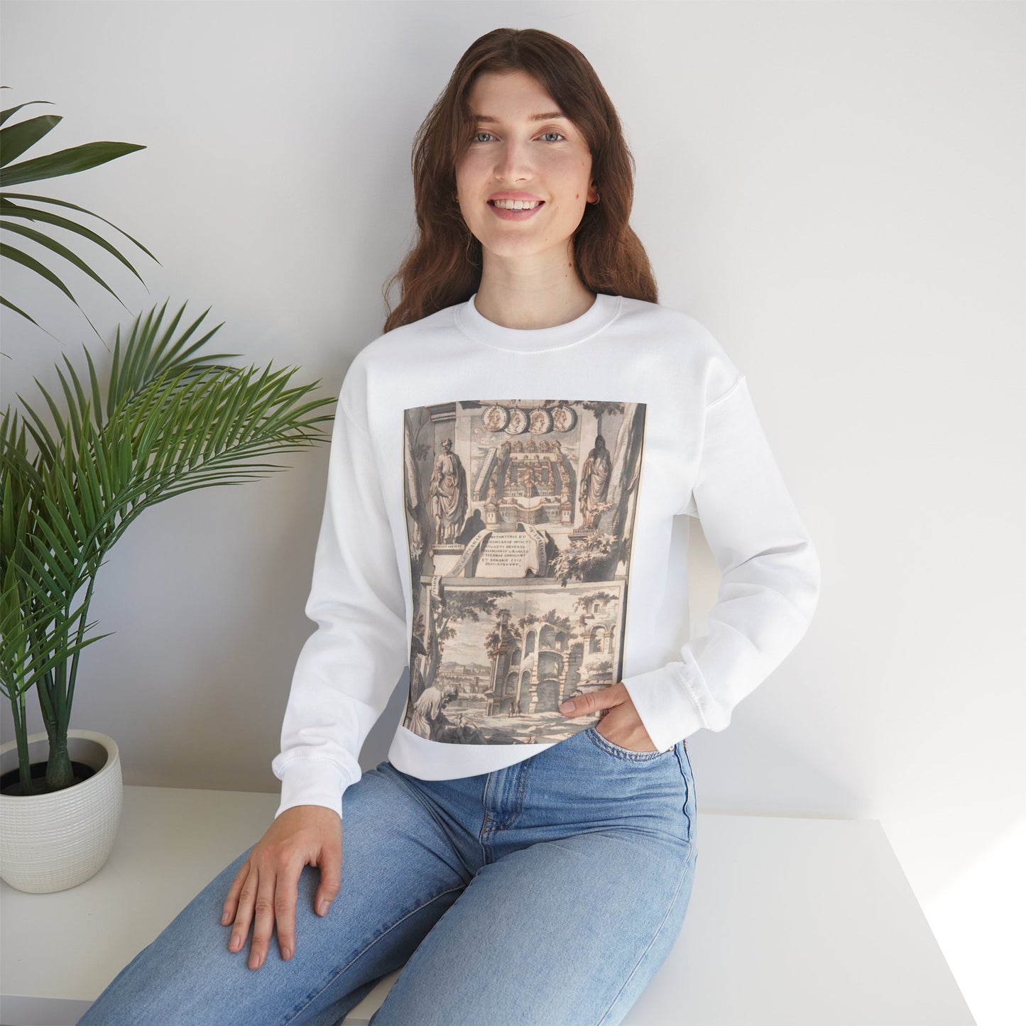 A Reconstruction of the Thermae of Diocletian (above) and a View of the Ruins (below) White Heavy Blend Adult Crew Neck SweatShirt