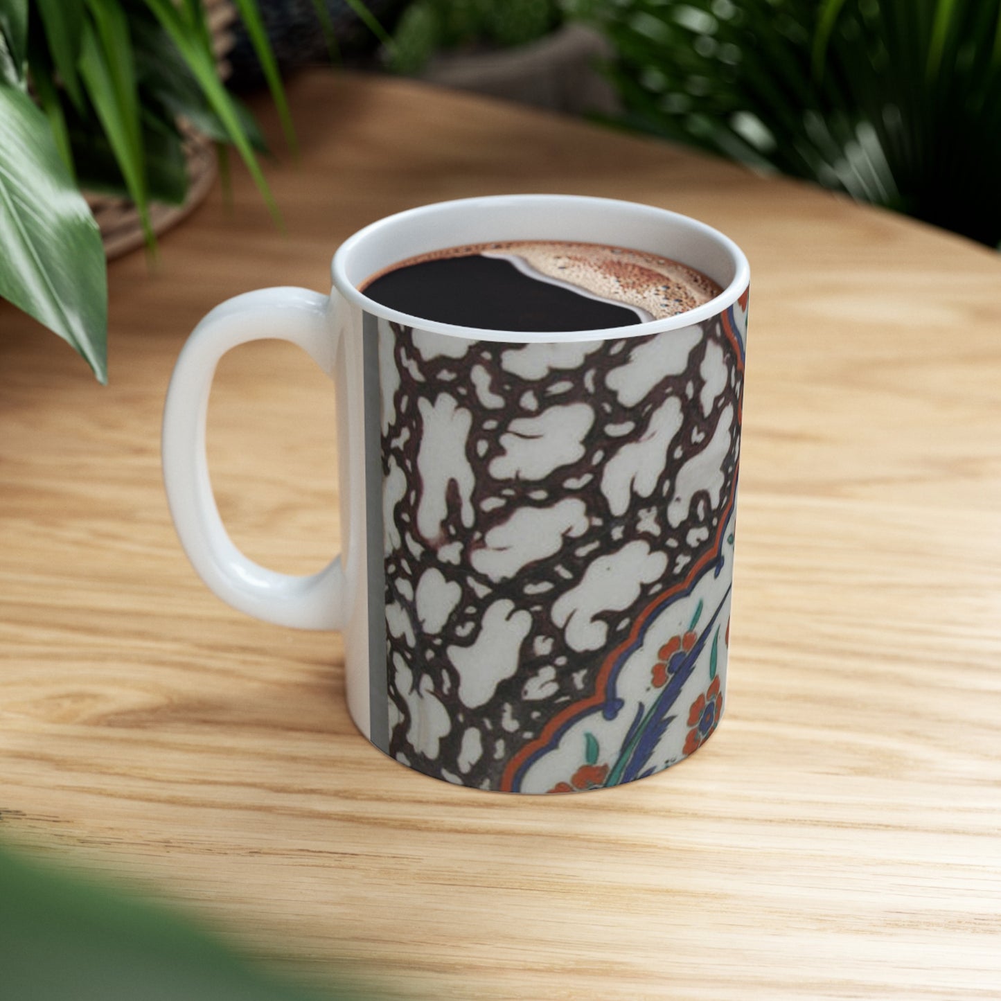 Tile with Floral Cartouche Design on Ebru (Marble Imitation Pattern) Background Beautiful Novelty Ceramic Coffee Mug 11oz