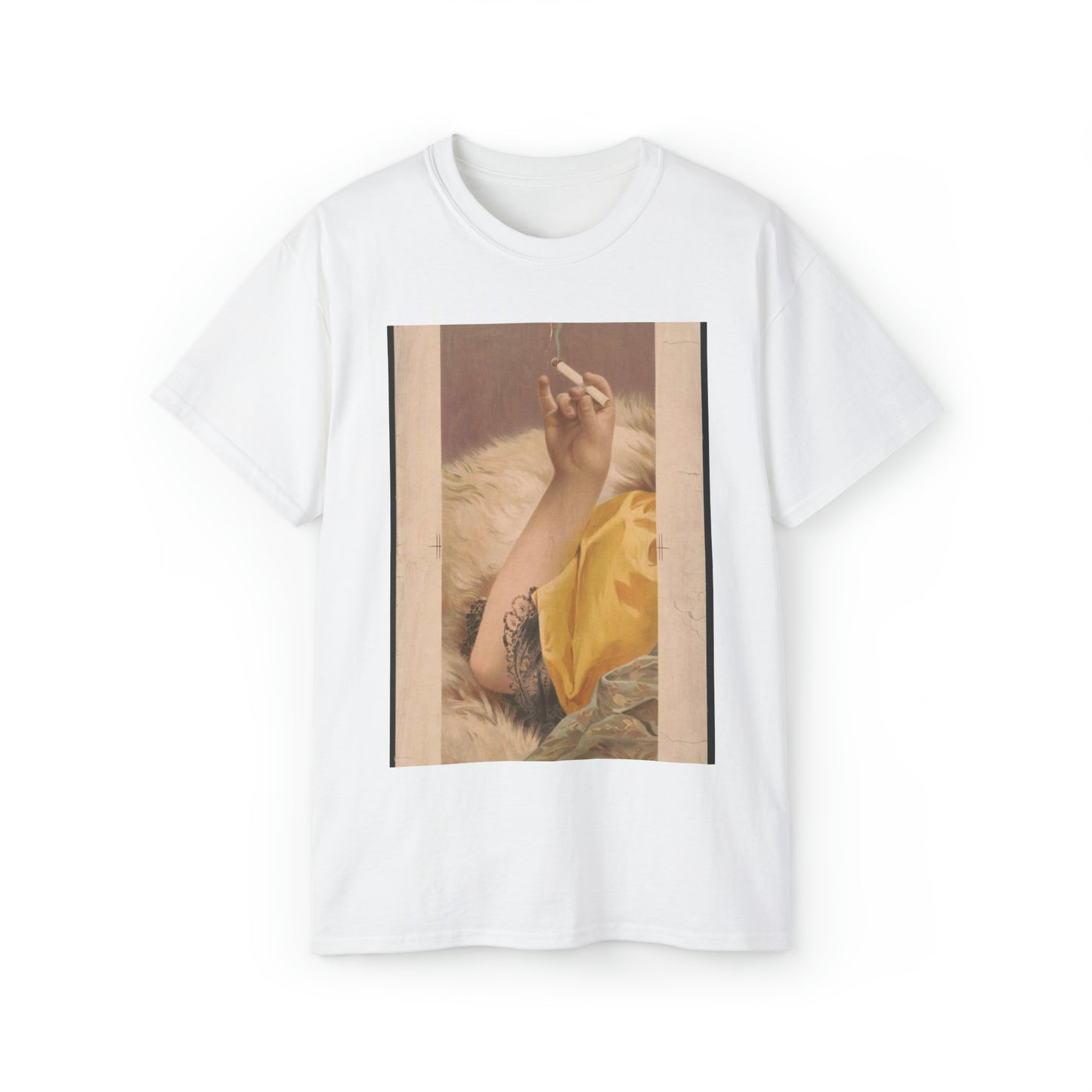 Arm of woman holding a lit cigarette White T-Shirt Gildan 2000 Cotton Unisex