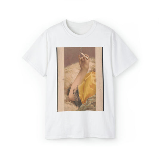 Arm of woman holding a lit cigarette White T-Shirt Gildan 2000 Cotton Unisex