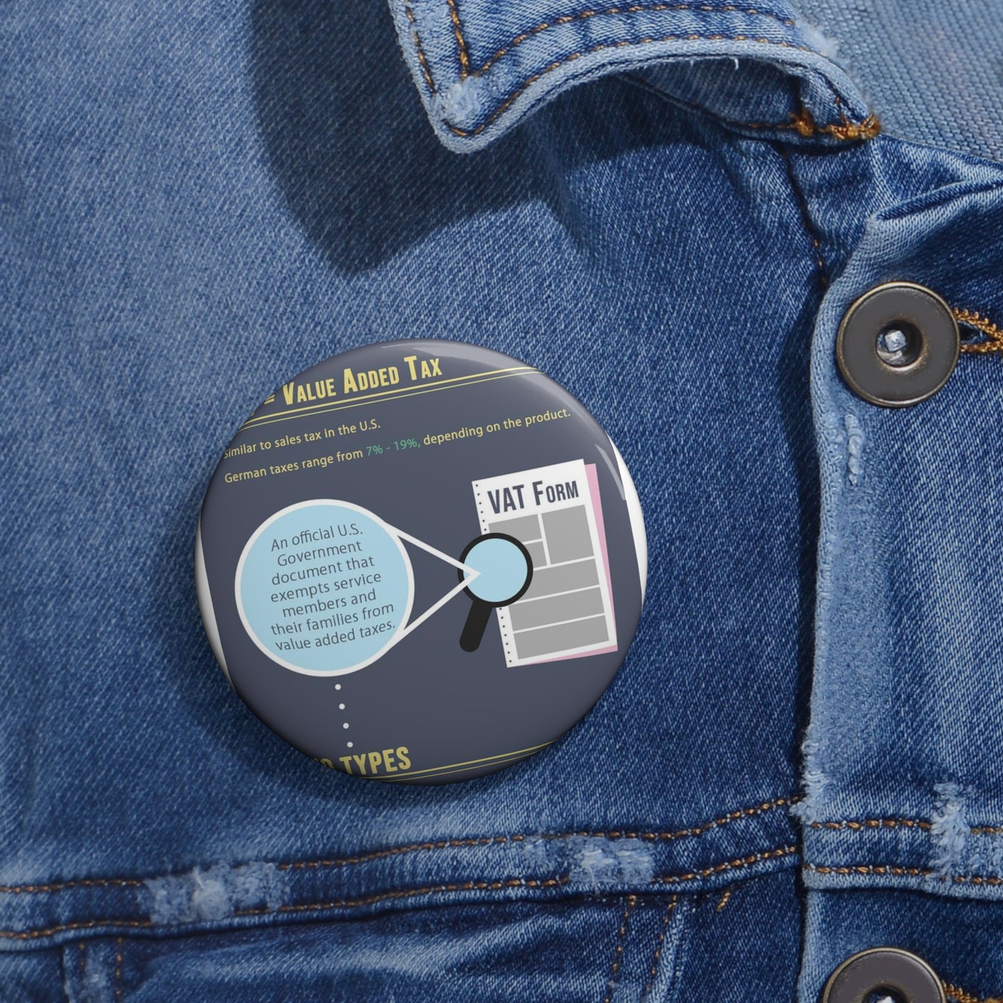 What is VAT? - A poster with a lot of different things on it Pin Buttons with Crisp Design