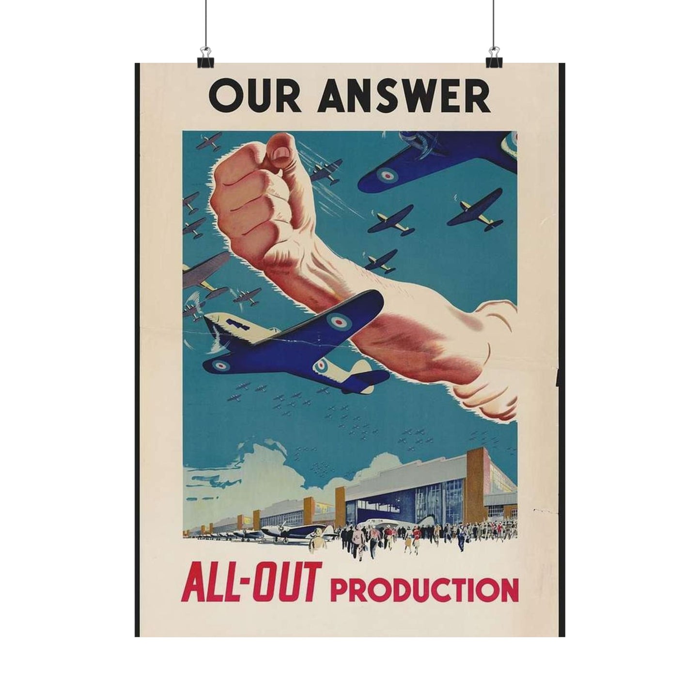 Our Answer All-Out Production, Canada, WWII Propaganda Poster High Quality Matte Wall Art Poster for Home, Office, Classroom