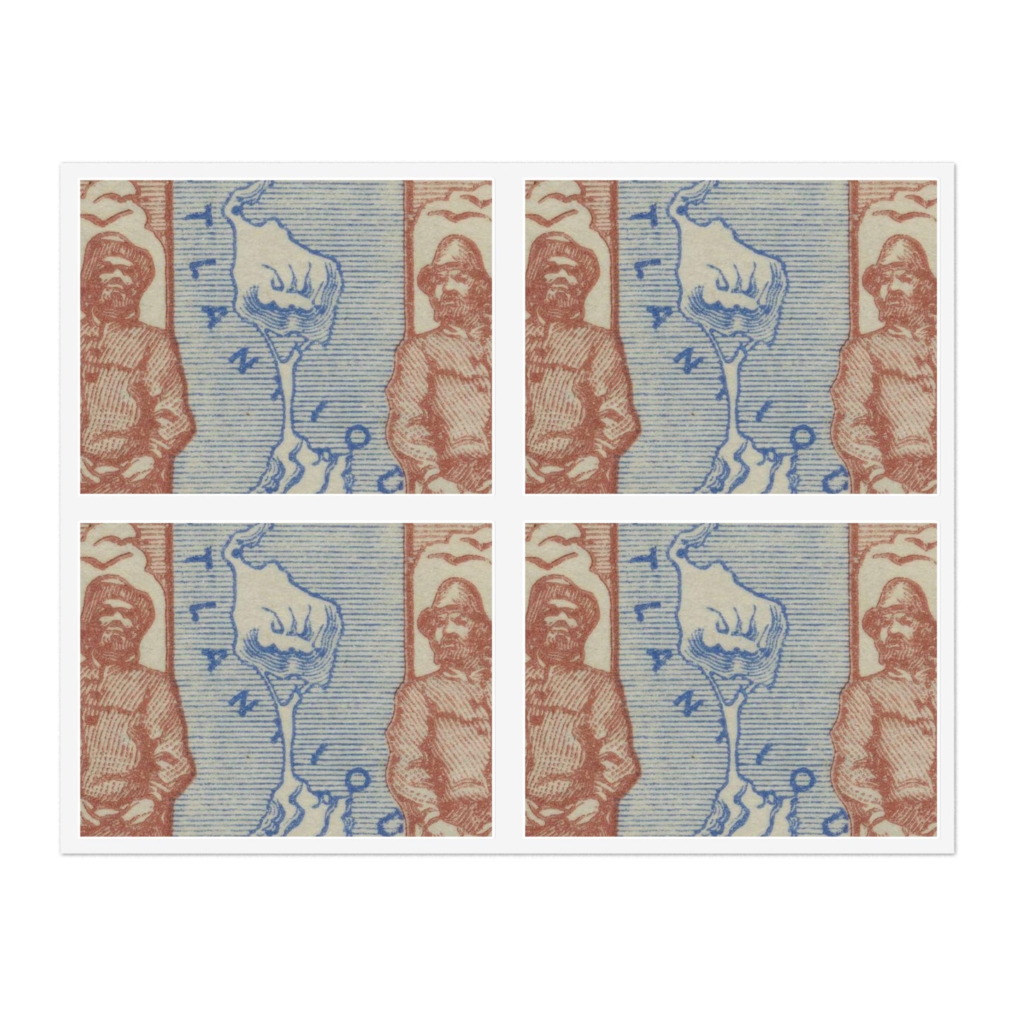 Frimärke ur Gösta Bodmans filatelistiska motivsamling, påbörjad 1950.Frimärke från Saint Pierre et Miquelon 1932. Motiv av karta över Saint Pierre et Miquelon. Fiskare med nät. Laminated UV Protective Vinyl Stickers