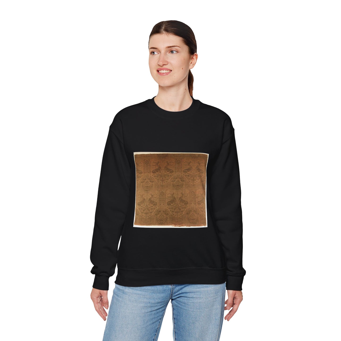 Textile Fragment with Recumbent Harts, Eagles, Clouds, and Sunrays Black Heavy Blend Adult Crew Neck SweatShirt