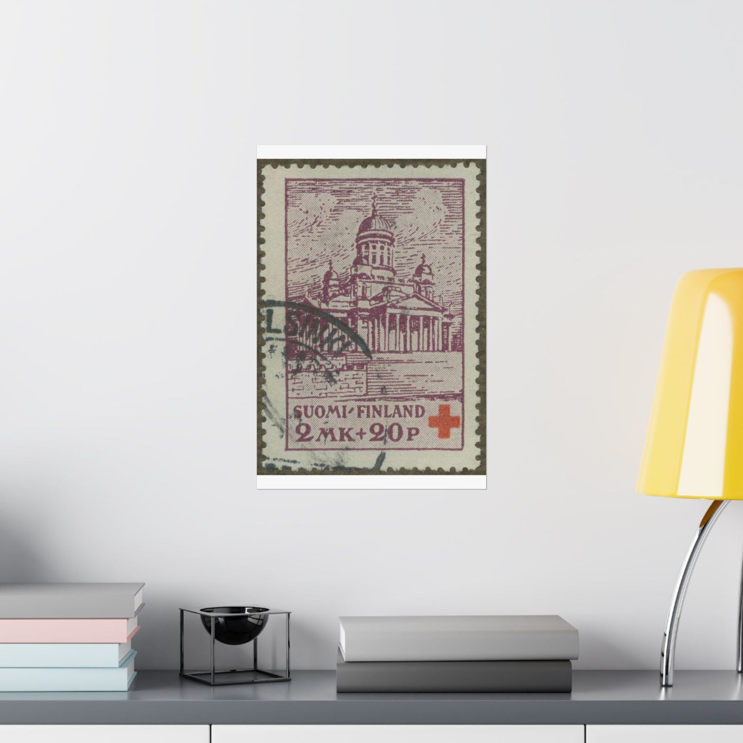 Frimärke ur Gösta Bodmans filatelistiska motivsamling, påbörjad 1950.Frimärke från Finland 1932. Motiv av St. Nicolaus Katedralen i Helsningfors. High Quality Matte Wall Art Poster for Home, Office, Classroom