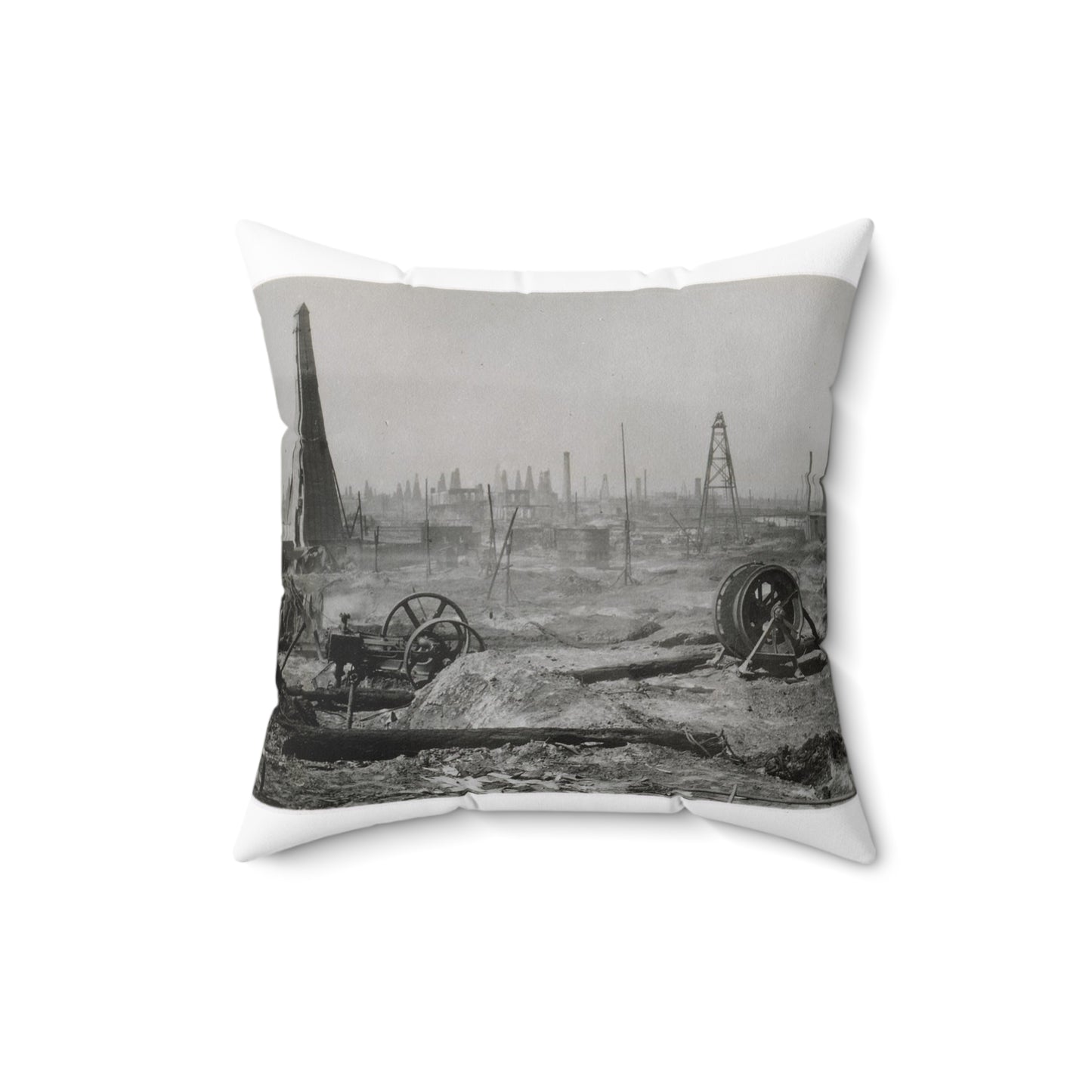 Baku. Oil production. - Drawing. Public domain image. Decorative Accent Square Pillow