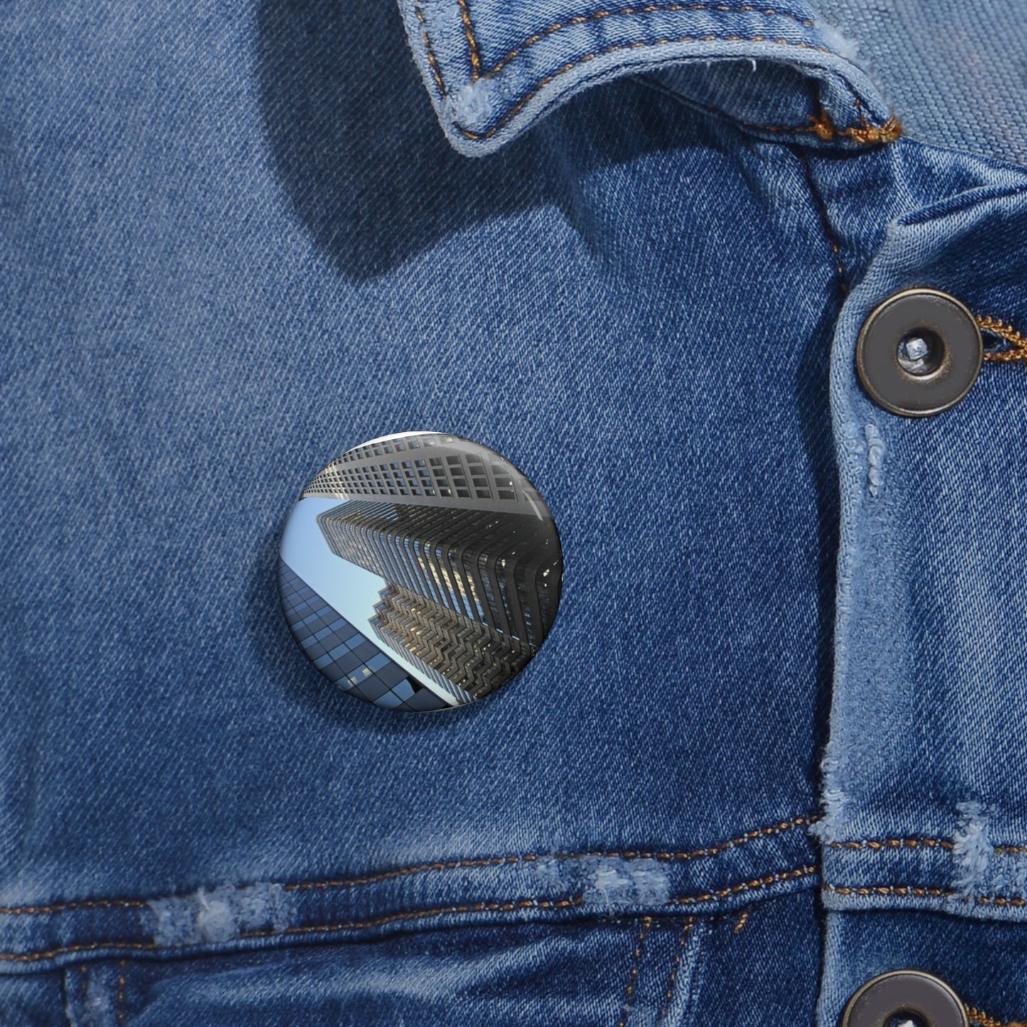 Skyscrapers cityscape architecture building. A view of some very tall buildings in a city Pin Buttons with Crisp Design