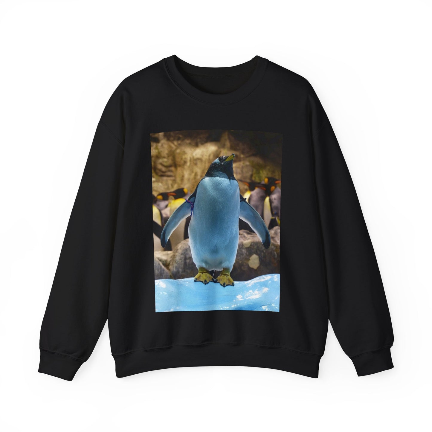 A penguin standing on top of an ice floer. Donkey penguin penguin attention. Black Heavy Blend Adult Crew Neck SweatShirt