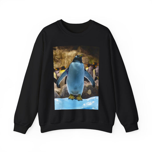 A penguin standing on top of an ice floer. Donkey penguin penguin attention. Black Heavy Blend Adult Crew Neck SweatShirt