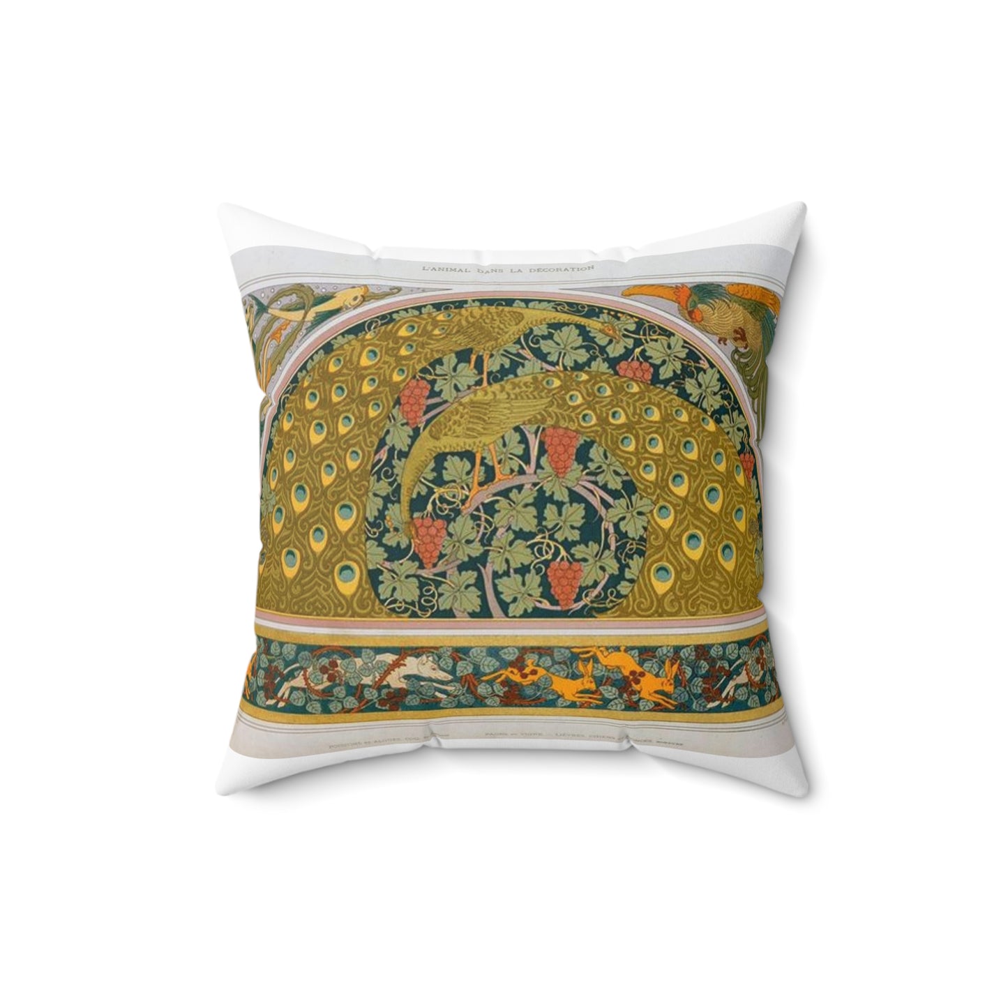 Poissons et algues, coq, écoinçon; paons et vigne; lièvres, chiens et ronces, bordure Decorative Accent Square Pillow