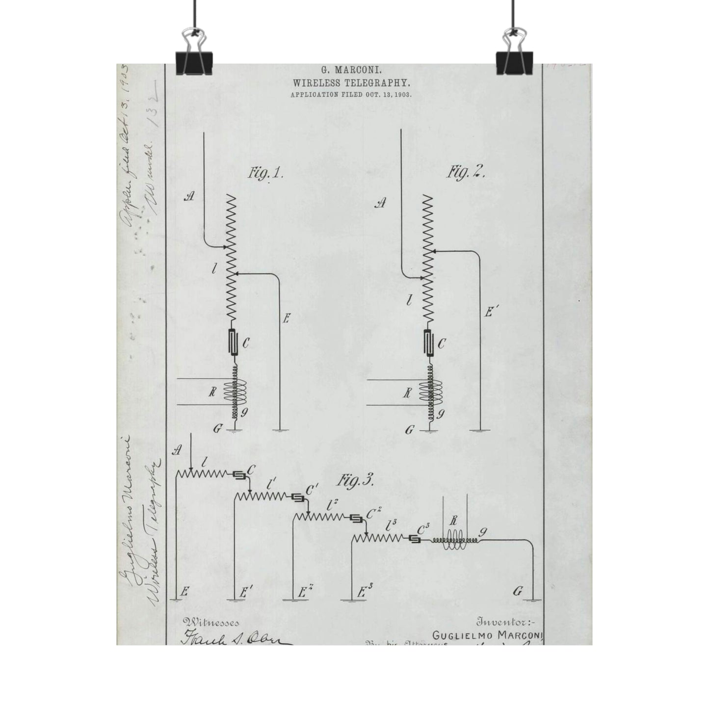 Patent drawing - for G. Marconi's Wireless Telegraphy Public domain  image High Quality Matte Wall Art Poster for Home, Office, Classroom