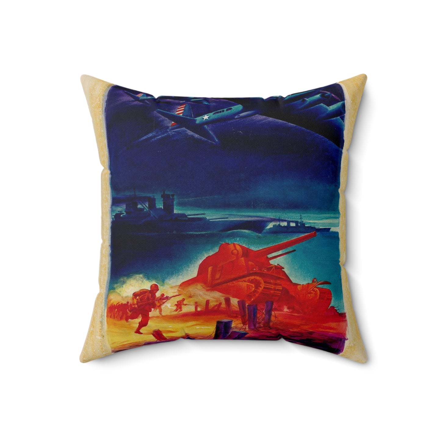 [Infantry, tanks, ships, airplanes attacking] [R.G.] Decorative Accent Square Pillow