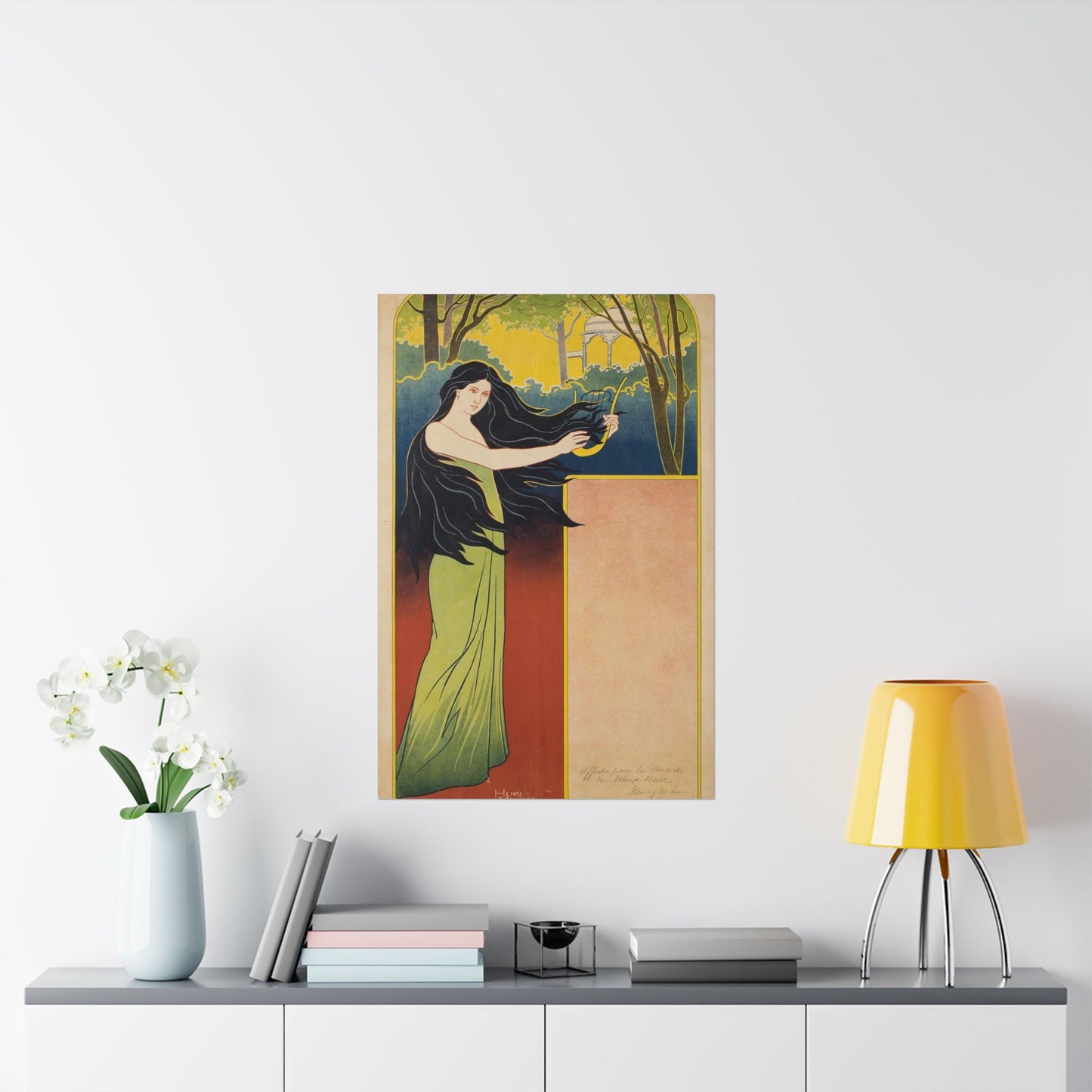 A painting of a woman with long black hair. Vintage art deco, beauty fashion. High Quality Matte Wall Art Poster for Home, Office, Classroom