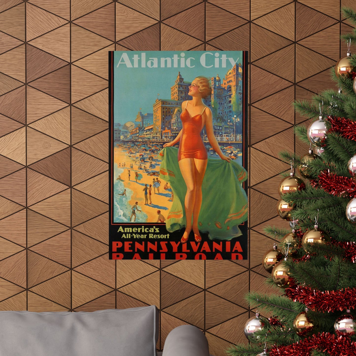 Atlantic City— America’s All-Year Resort, Pennsylvania Railroad, painting by Edward Mason Eggleston High Quality Matte Wall Art Poster for Home, Office, Classroom