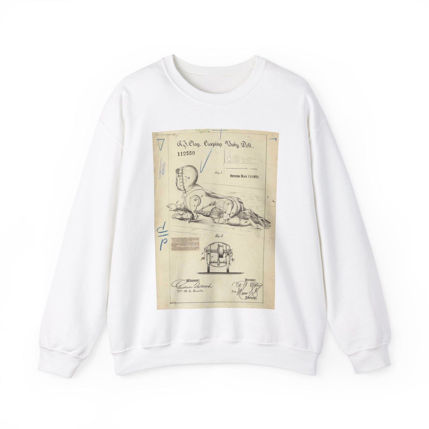 Patent drawing - Drawing of Creeping Baby Doll Public domain  image White Heavy Blend Adult Crew Neck SweatShirt